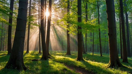 Sunlight rays pierce through the trees in a serene and lush forest, capturing a breathtaking natural scene.