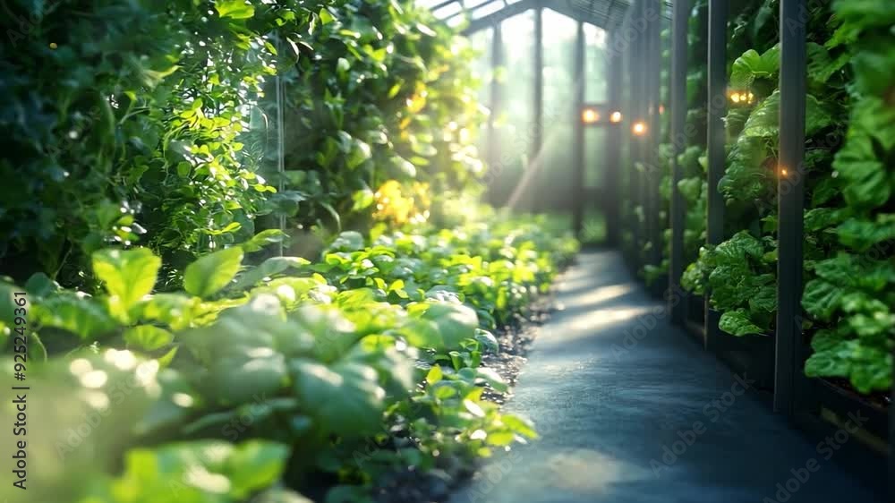 Poster sunlight streams through a greenhouse, illuminating vibrant green plants lining a clear pathway, cre