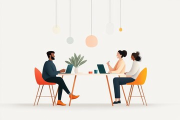 Fototapeta premium Diverse Team of Hand-Drawn Employees Collaborating on Colorful Projects in Inclusive Open Office Setting, Vector Illustration