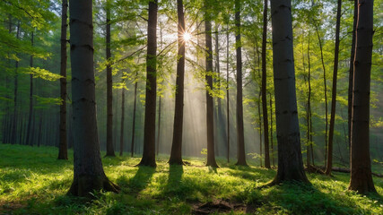 Obraz premium Sunlight rays pierce through the trees in a serene and lush forest, capturing a breathtaking natural scene.