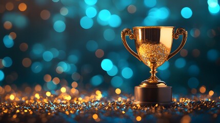 Golden Trophy on Blue Glitter Background