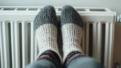White knitted socks warming near radiator.