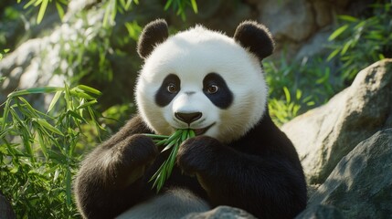 Obraz premium A close-up of a giant panda eating bamboo, with a focus on its black and white fur and the lush greenery of its zoo habitat.