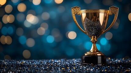 Golden Trophy on Blue Glitter Background 