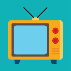 Simple vector illustration of a retro television set with an antenna, displayed on a teal background.