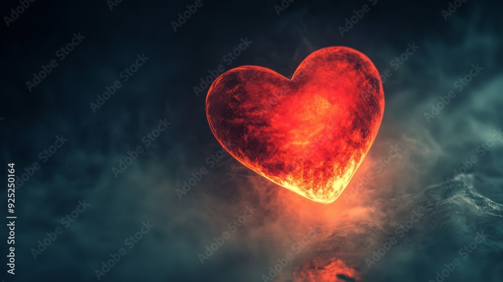 Poster a close-up of a glowing red heart shape floating in a dark, misty background, symbolizing love and p