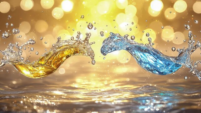 Vibrant splashes of golden and blue water create a mesmerizing display against a shimmering golden backdrop.