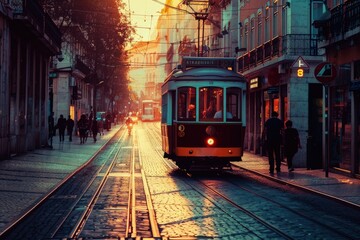 a trolley car traveling down a street next to tall buildings