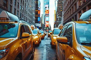 a city street filled with lots of yellow taxi cabs