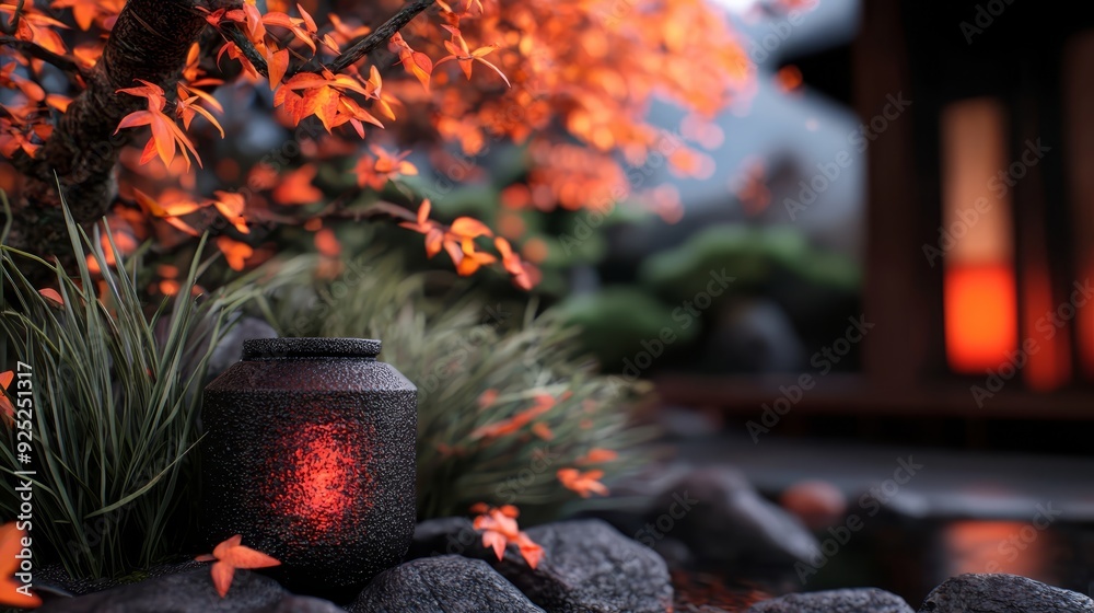 Canvas Prints  A vase illuminated atop rocky mound, adjacent to a tree flaunting scarlet foliage