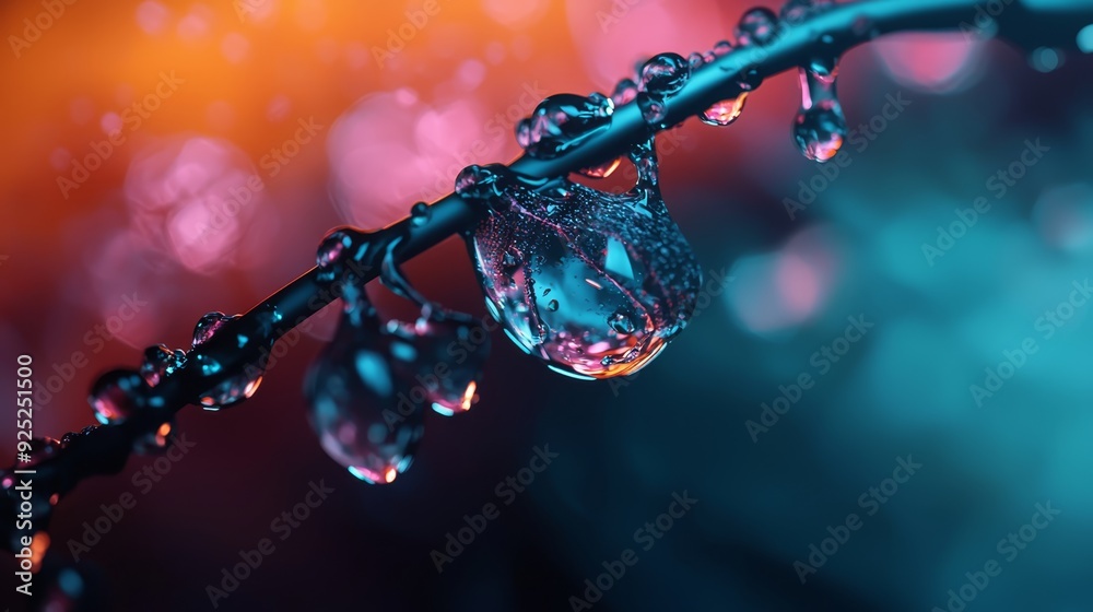 Poster  A tight shot of a water droplet perched on a twig against a hazy backdrop of red, orange, and blue tones