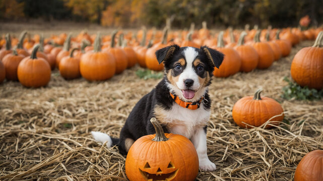Puppy at Pumpkin Patch Halloween 