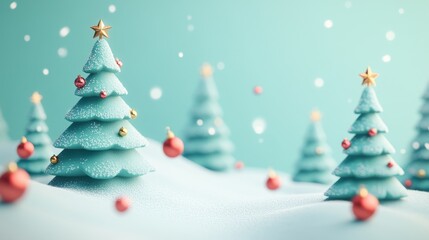 A winter wonderland with decorated Christmas trees and falling snow. Perfect for holiday greetings and festive designs.