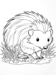 Black and white bold line coloring page of baby Fun porcupine for kids outline design 