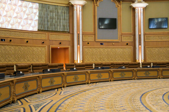 Abu Dhabi, UAE, 08.02.20. Spirit of Collaboration hall, official meeting place for the UAE Cabinet, the Federal Supreme Council and Arab League in the UAE Presidential Palace Qasr Al Watan.