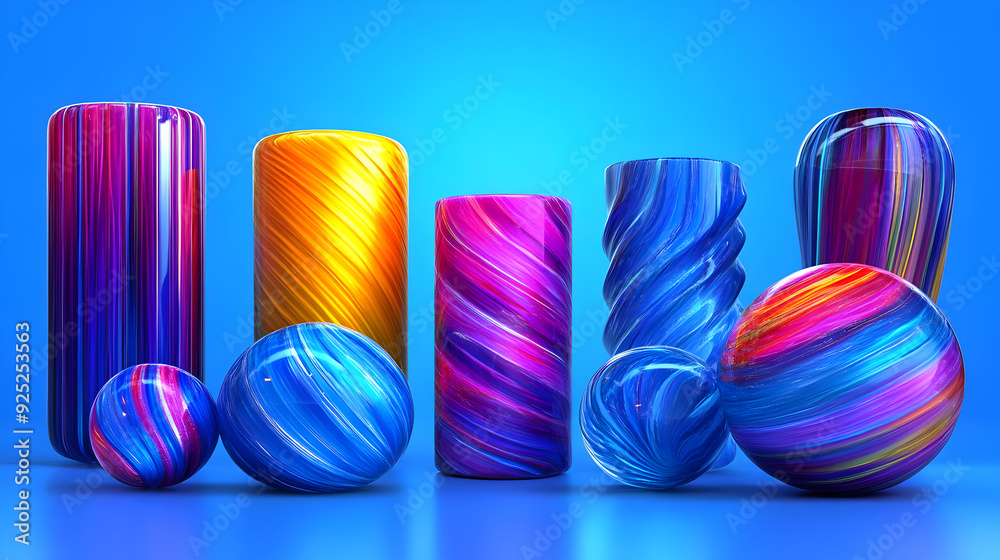 Poster A collection of colorful, abstract shapes with swirling patterns against a blue background.