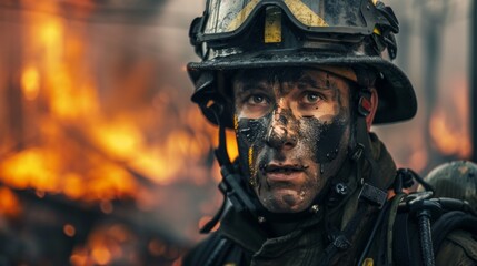 portrait of a male firefighter with a fire in the background