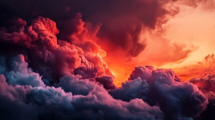  A sky filled with numerous clouds, hosting a sunset at its center, and a plane passing through the mid-level clouds