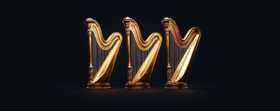 Three golden harps stand in a row against a black background.