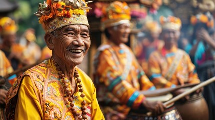 Fototapeta premium Cheerful elder in traditional attire smiles during a festive cultural celebration with vibrant colors and joyful atmosphere.