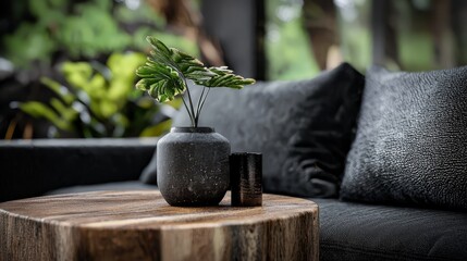  A small potted plant atop a wooden table, near a black couch in a living room