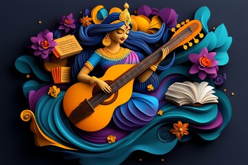 Naklejka premium A woman with long blue hair plays a guitar surrounded by colorful floral designs and a book, creating a vibrant and artistic scene.