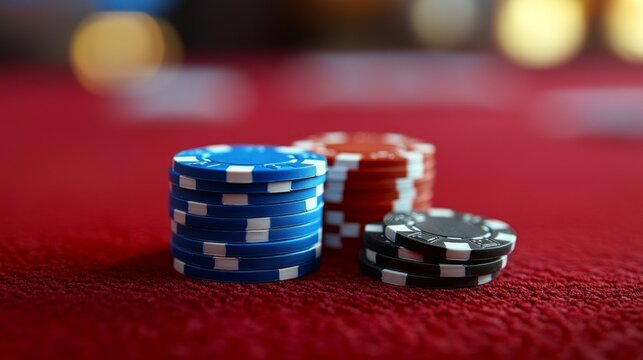 Colorful stacks of chips invite eager players to partake in thrilling games at a luxurious casino, bathed in warm, ambient light