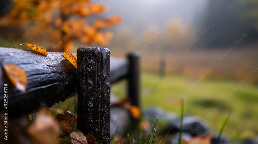 Wall mural a wooden fence, up-close in a foggy atmosphere, adorned with leaves and set against a backdrop of mi