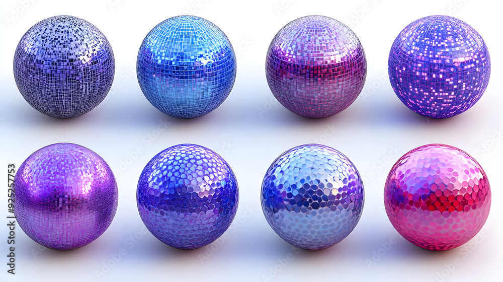 Canvas Prints A collection of eight colorful, shiny disco balls arranged in two rows.