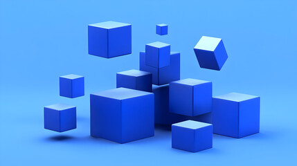 A collection of floating blue cubes against a solid blue background.