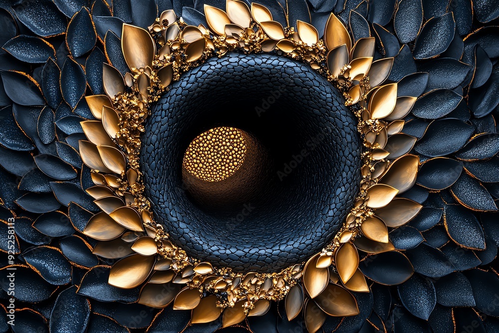 Leinwandbilder abstract 3d rendering of a dark blue and gold patterned surface with a central, glowing, circular op