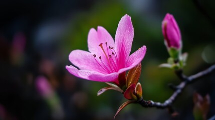  A pink flower on a tree branch, closely framed, with trees in the background softly blurred