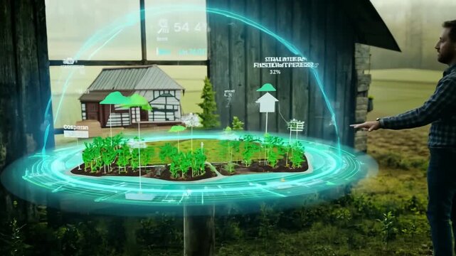 Hologram Displays Irrigation Effects on Crops at a Farming Site Generative AI
