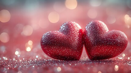 Fototapeta premium Romantic red glitter hearts on sparkling background - generative ai