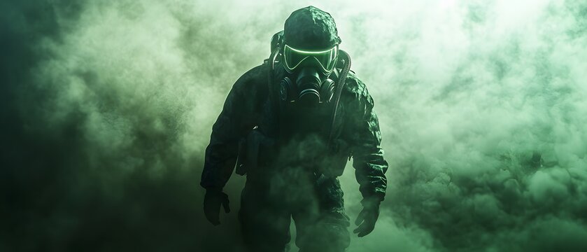 A figure in a hazmat suit stands amidst a thick green fog.