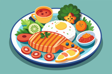 Fried Eggs with Baked Toast, Sausages and Salad Tomato Lettuce Vector