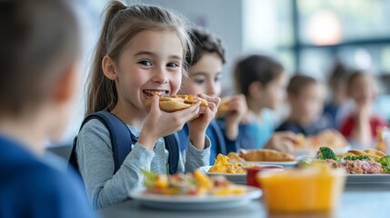Children are happily eating and chatting together at colorful tables in a lively cafeteria atmosphere filled with warmth and laughter