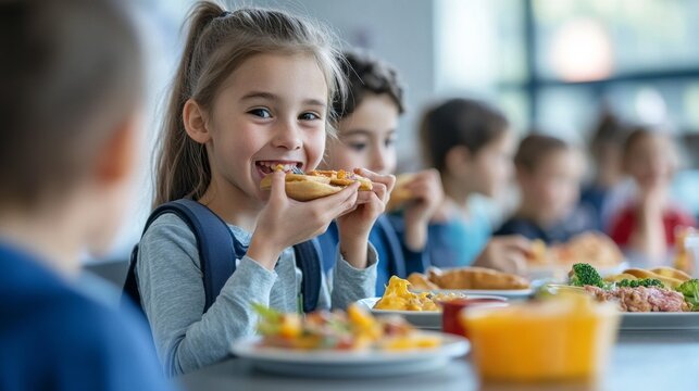 Children are happily eating and chatting together at colorful tables in a lively cafeteria atmosphere filled with warmth and laughter