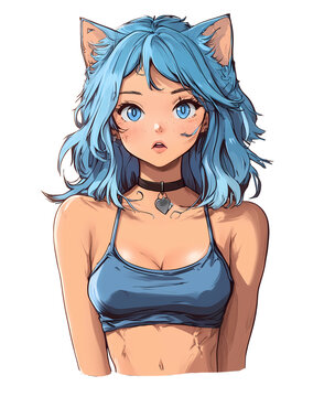 Chica con orejas de gato y cabello azul, posando con una mirada curiosa, en un estilo de arte digital, en un fondo blanco