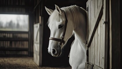 White horse in dark barn stall.