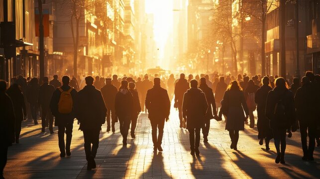 Early morning commute with people walking briskly, Monday morning, beginning of a new work week
