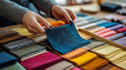 High-quality fabric swatches being evaluated in a textile design studio