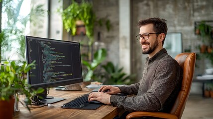 Photo of a smiling man in glasses sitting at a wooden desk with a computer, working at office, manager