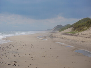 Scenic view of the sea and sand dune on the beach on a gloomy, cloudy weather, Skagen, Denmark
