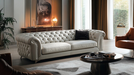 High-quality leather furniture in a modern living room setting, highlighting luxury
