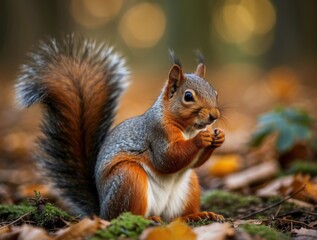 Fototapeta premium Red Squirrel Sitting on Fallen Leaves in Autumn Forest