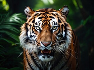 Obraz premium Majestic tiger staring directly at camera in dense jungle surroundings during daylight