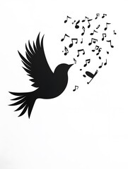 A stylized black bird sings a song of musical notes.
