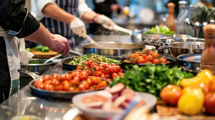 Obraz premium Chefs preparing fresh ingredients in a bustling kitchen, highlighting vibrant vegetables and delicious flavors.