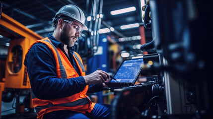 Industrial engineer using laptop for programming robotic arm in factory